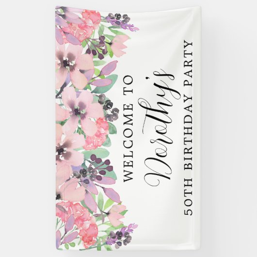 Roze Paarse Wilde Bloem 50th Birthday Welkom Spandoek (Verticaal)