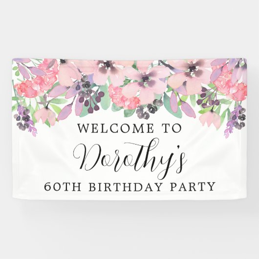 Roze Paarse wilde bloem 60th Birthday Welkom Spandoek (Horizontaal)
