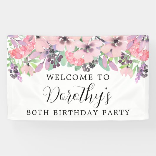 Roze Paarse Wilde Bloem 80th Birthday Welkom Spandoek (Horizontaal)