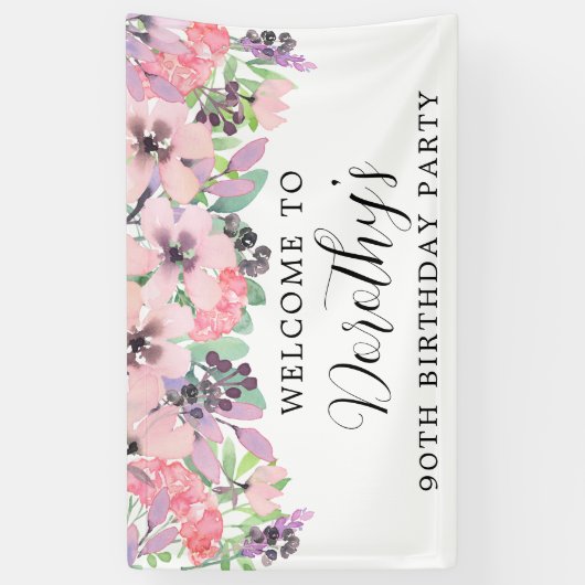 Roze Paarse wilde bloem 90th Birthday Welkom Spandoek (Verticaal)