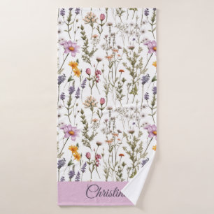 Roze Paarse Wilde Bloem Waterverf Aangepaste Naam Badhanddoek