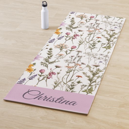 Roze Paarse Wilde Bloem Waterverf Aangepaste Naam Yogamat (In situ)