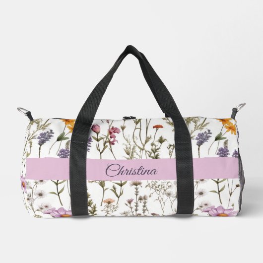 Roze Paarse Wilde Bloem Waterverf Monogram Naam Plunjezak (Voorkant)