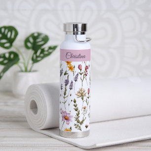 Roze Paarse Wilde Bloem Waterverf Monogram Naam Waterfles