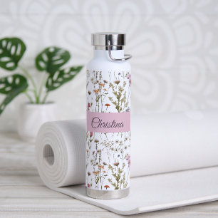 Roze Paarse Wilde Bloem Waterverf Monogramnaam Waterfles