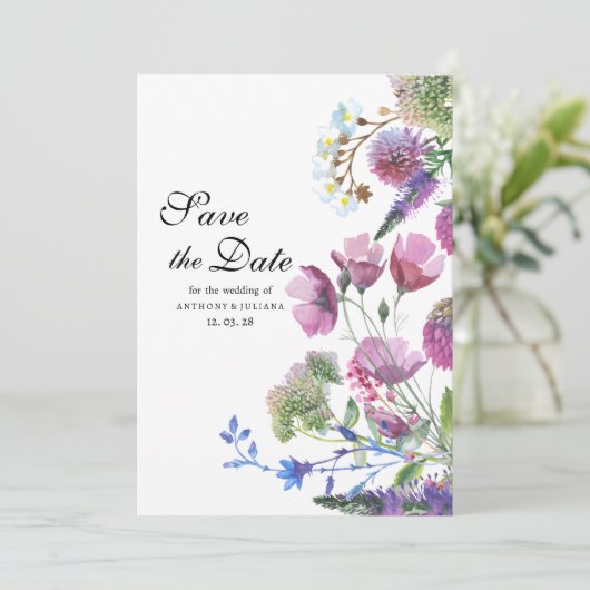 Roze paarse wilde bloem zomer Save the Date Kaart (Staand voorkant)