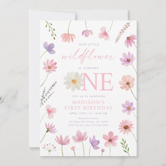 Roze Paarse wilde bloemen eerste verjaardag Kaart (Voorkant)