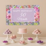 Roze Paarse wilde bloemen Happy 50th Birthday Spandoek<br><div class="desc">Paarse,  roze,  en oranje wilde bloemen van de waterverf gepersonaliseerd "Happy Birthday"teken dat voor een 50e verjaardag (of om het even welke leeftijd) wordt aangepast en horizontaal geformatteerd. Neem contact met ons op voor hulp bij het aanpassen en aanpassen van producten.</div>