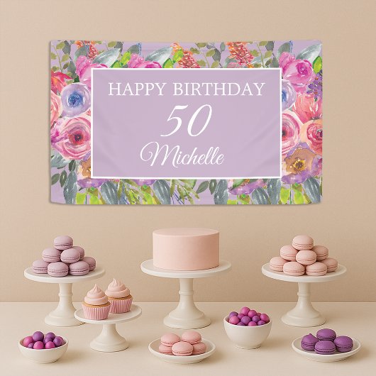 Roze Paarse wilde bloemen Happy 50th Birthday Spandoek