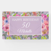 Roze Paarse wilde bloemen Happy 50th Birthday Spandoek (Horizontaal)