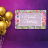 Roze Paarse Wilde Bloemen Naam Script Verjaardag Spandoek
