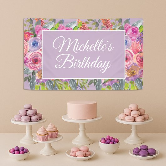 Roze Paarse Wilde Bloemen Naam Script Verjaardag Spandoek