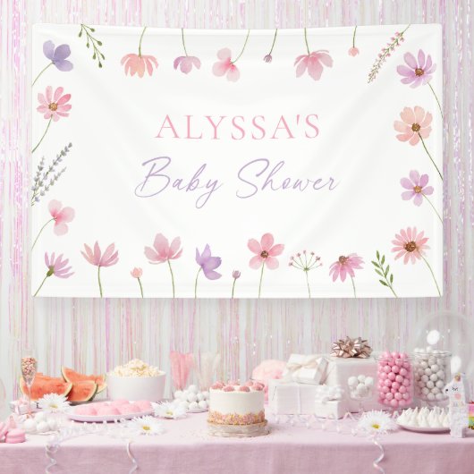 Roze Paarse Wildflowers Baby shower Spandoek (Feest)