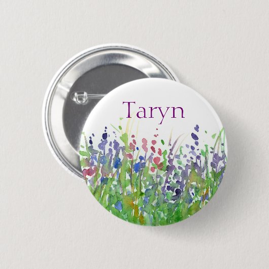 Roze Paarse Wildflowers Waterverf Custom Name Labe Ronde Button 5,7 Cm (Voorkant /achterkant)