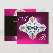 ROZE PAARSE WIT DAMAST MONOGRAM Amethyst Fuchsia Kaart (Voorkant / Achterkant)
