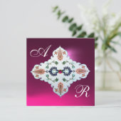 ROZE PAARSE WIT DAMAST MONOGRAM Amethyst Fuchsia Kaart (Staand voorkant)