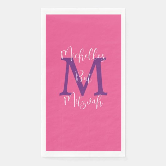 Roze Paarse Witte Vleermuis Mitzvah Naam Monogram Servet (Voorkant)