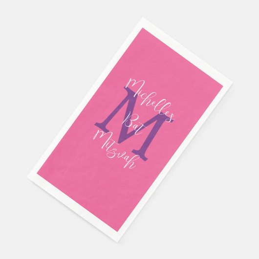 Roze Paarse Witte Vleermuis Mitzvah Naam Monogram Servet (Hoek)