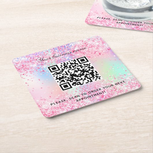 Roze paarse zakelijke salon naam qr code kartonnen onderzetters (Schuin)