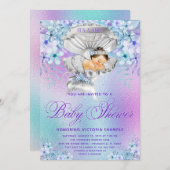 Roze Paarse Zeemeermin Baby Douche Uitnodigingen (Voorkant / Achterkant)