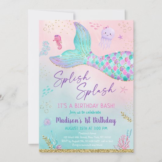 Roze Paarse zeemeermin onder de Zee 'Birthday' Kaart (Voorkant)