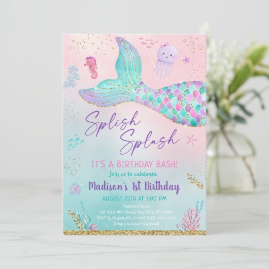 Roze Paarse zeemeermin onder de Zee 'Birthday' Kaart (Staand voorkant)