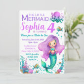 Roze paarse zeemeermin verjaardagsuitnodiging kaart (Staand voorkant)