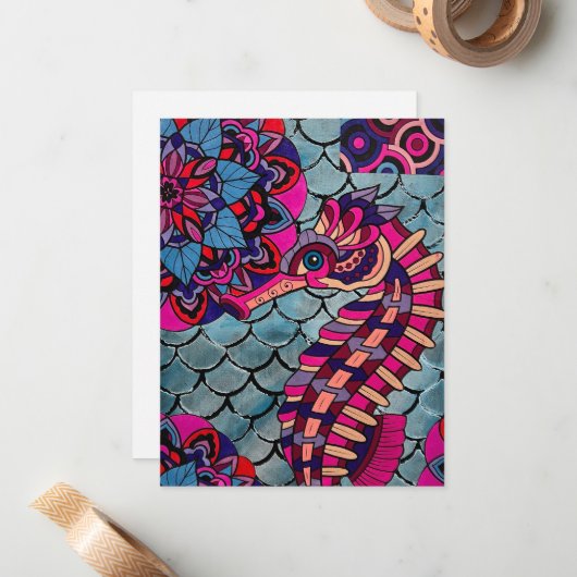 Roze & Paarse zeepaardje Notitiekaartje (Voorkant / Achterkant in situ)