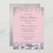 Roze Paarse zilver Glitter Sweet 16 Invite Kaart (Voorkant / Achterkant)