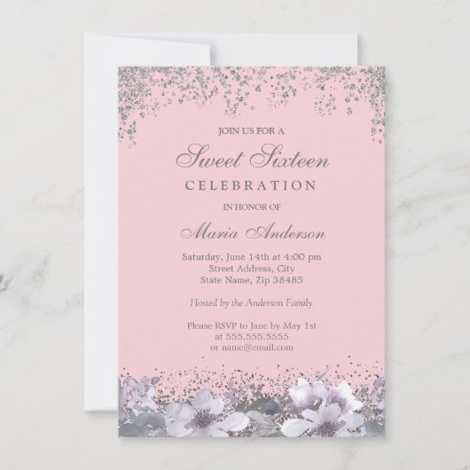 Roze Paarse zilver Glitter Sweet 16 Invite Kaart (Voorkant)