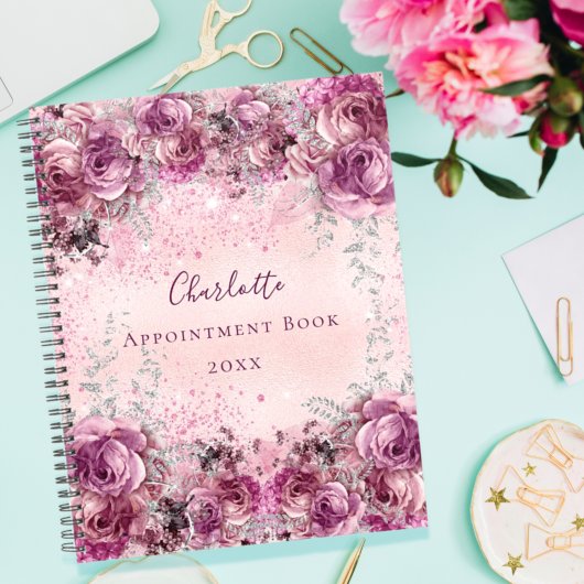 Roze paarse zilverflorals naamscript 2023 planner