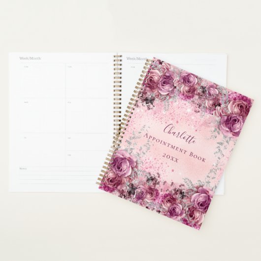 Roze paarse zilverflorals naamscript 2023 planner (Display)