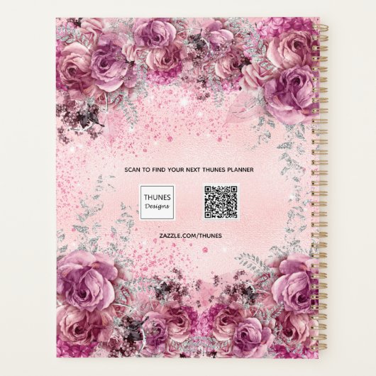 Roze paarse zilverflorals naamscript 2023 planner (Achterkant)