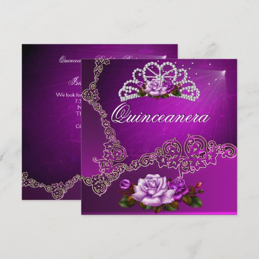 Roze Paarse zilverRozen Quinceanera 15th Kaart (Voorkant / Achterkant)