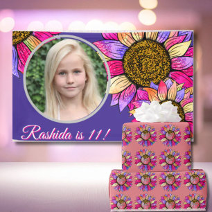 Roze & Paarse Zonnebloem Waterverf Verjaardagsfees Cadeaupapier