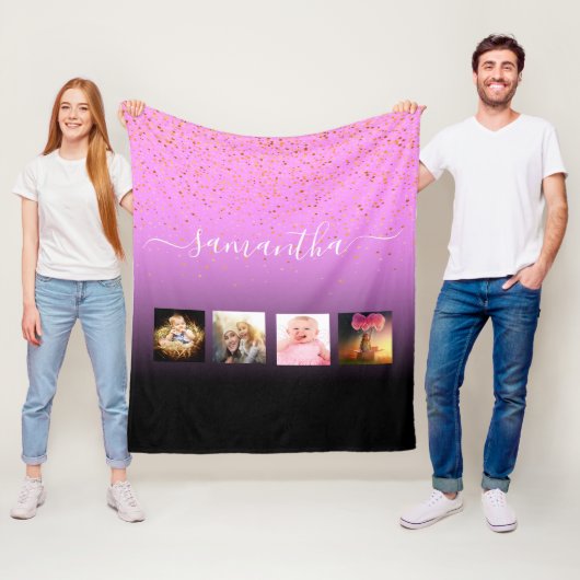 Roze paarse zwarte collage-naamscript fleece deken (In situ)