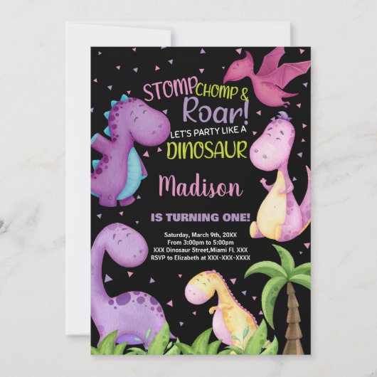 Roze Paarse Zwarte Dinosaurus Verjaardagsuitnodigi Kaart (Voorkant)