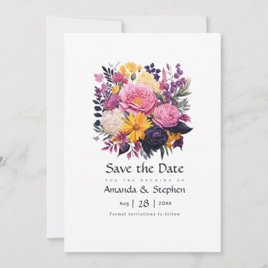 Roze, Paarse, zwarte en gouden bloemenbruiloft Save The Date (Voorkant)