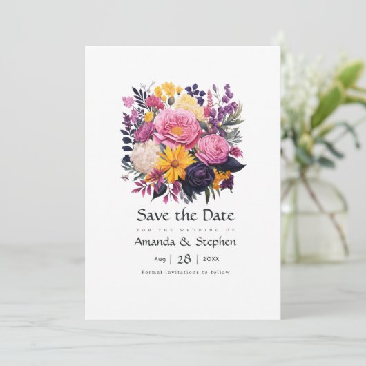 Roze, Paarse, zwarte en gouden bloemenbruiloft Save The Date (Staand voorkant)