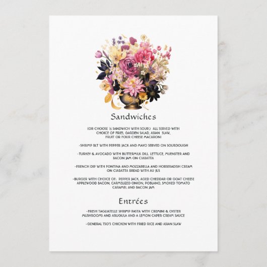 Roze, paarse, zwarte en gouden bloemige gastdetail menu (Achterkant)