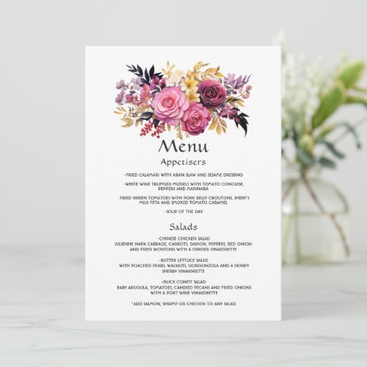 Roze, paarse, zwarte en gouden bloemige gastdetail menu (Staand voorkant)