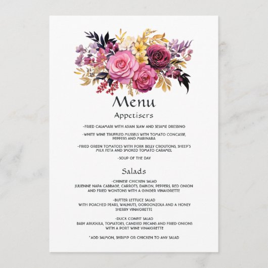 Roze, paarse, zwarte en gouden bloemige gastdetail menu (Voorkant)