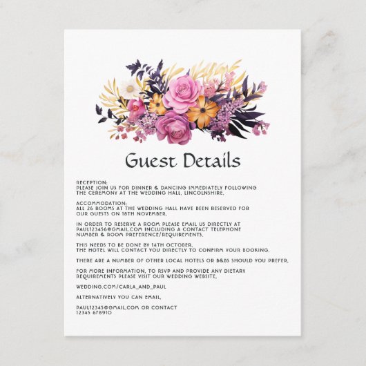 Roze, Paarse, zwarte en gouden bloemige gastendeta Informatiekaartje (Voorkant)