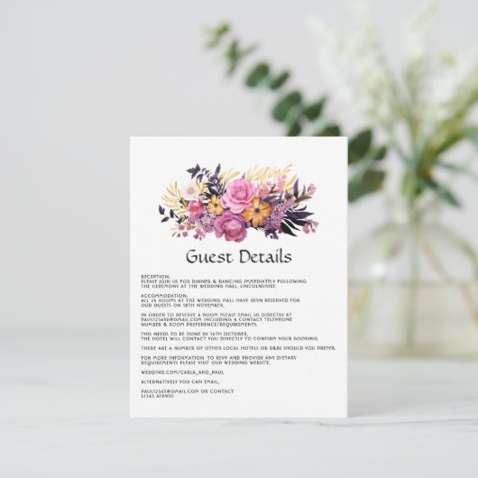 Roze, Paarse, zwarte en gouden bloemige gastendeta Informatiekaartje (Staand voorkant)