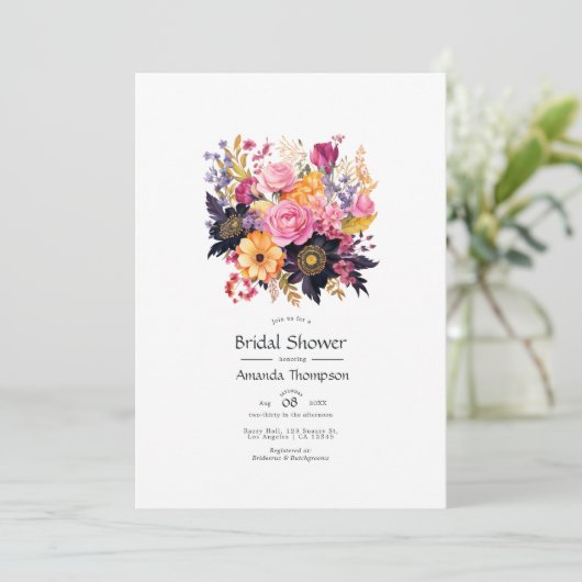 Roze, Paarse, zwarte en gouden bloemige Vrijgezell Kaart (Staand voorkant)