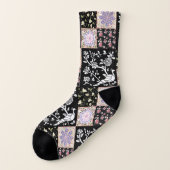 Roze, Paarse, Zwarte Peacocks en Flowers Patchwork Sokken (Links - buitenkant)