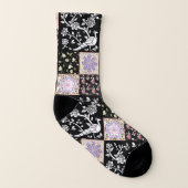 Roze, Paarse, Zwarte Peacocks en Flowers Patchwork Sokken (Links binnenkant)