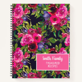 Roze Paarse zwarte Waterverf Floral Recipe Notitieboek
