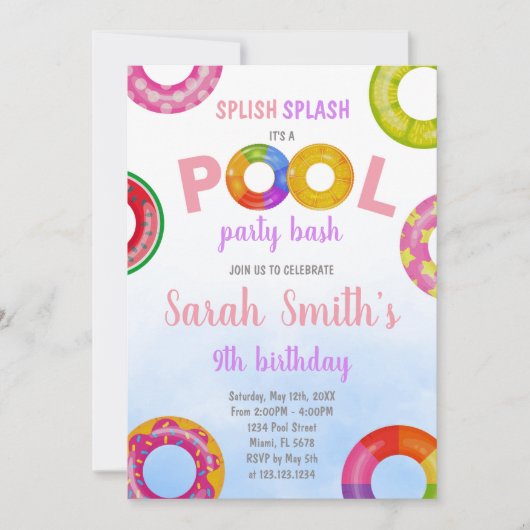 Roze & Paarse Zwembad Verjaardagsuitnodiging Kaart (Voorkant)