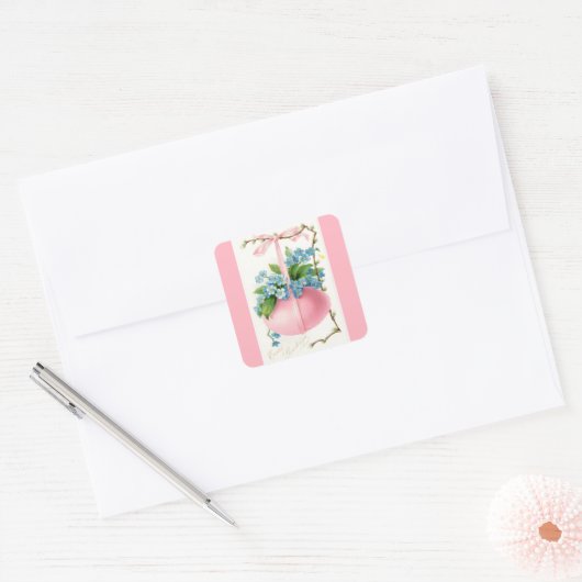 Roze paasei en bloemenvierkante Sticker (Envelop)